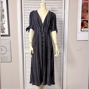LIRA Navy Striped V Neck Button Down Casual Maxi Dress